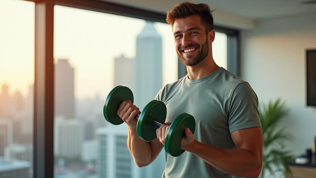 Melbourne professional using a compact dumbbell in a modern apartment during a work break